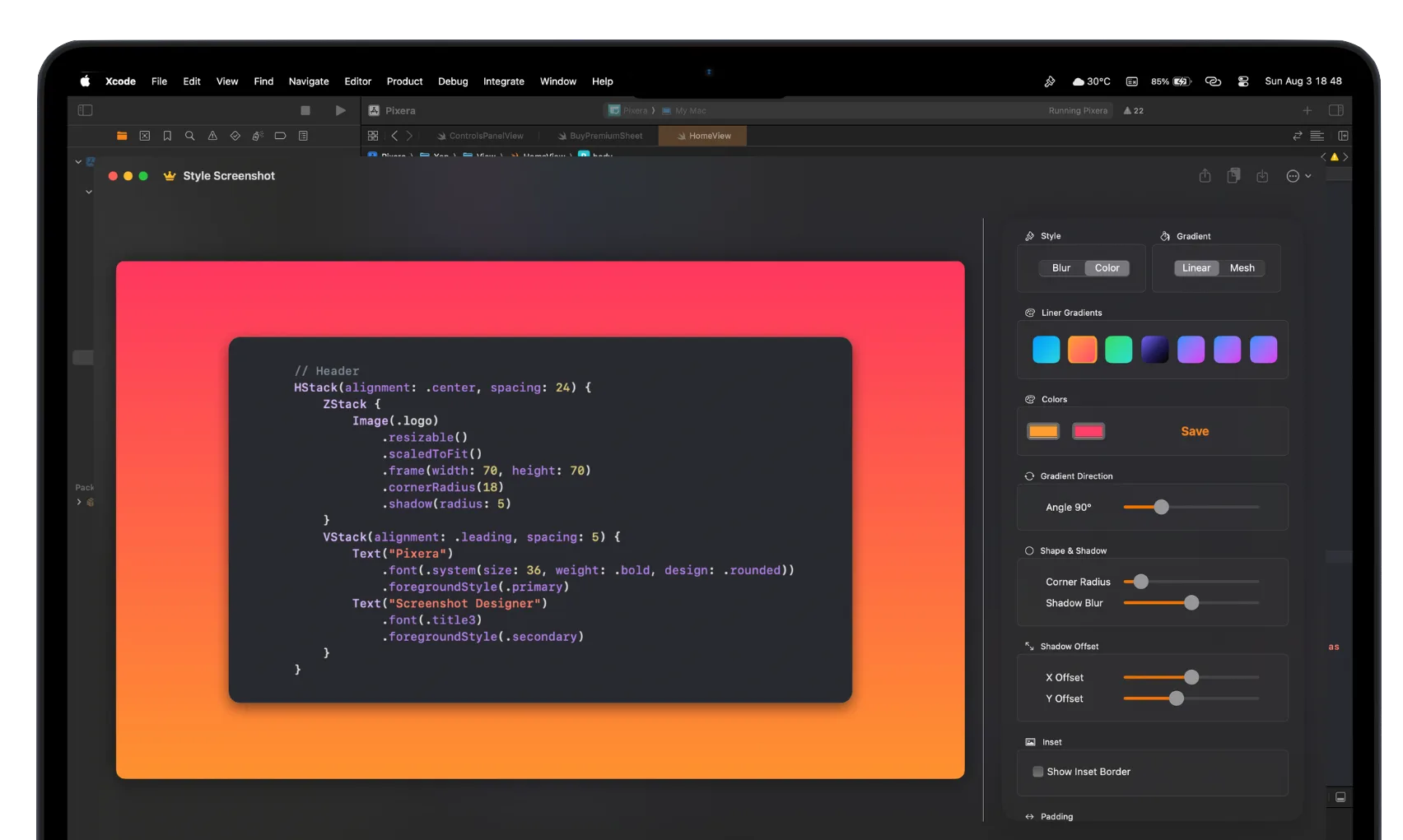 Screenshot example with gradients, rounded corners and blur background